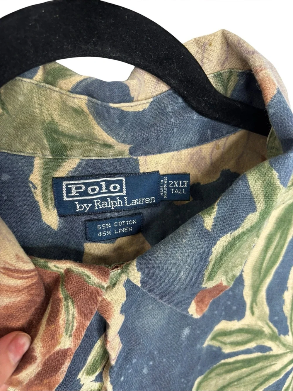 VTG Polo Ralph Lauren Hawaiian Shirt Mens Blue Floral Camp Linen Blend 2XLT